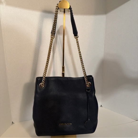 Michael Kors Navy Blue Leather Shoulder Bag w Gold Chain/Straps crossbody - Picture 2 of 13